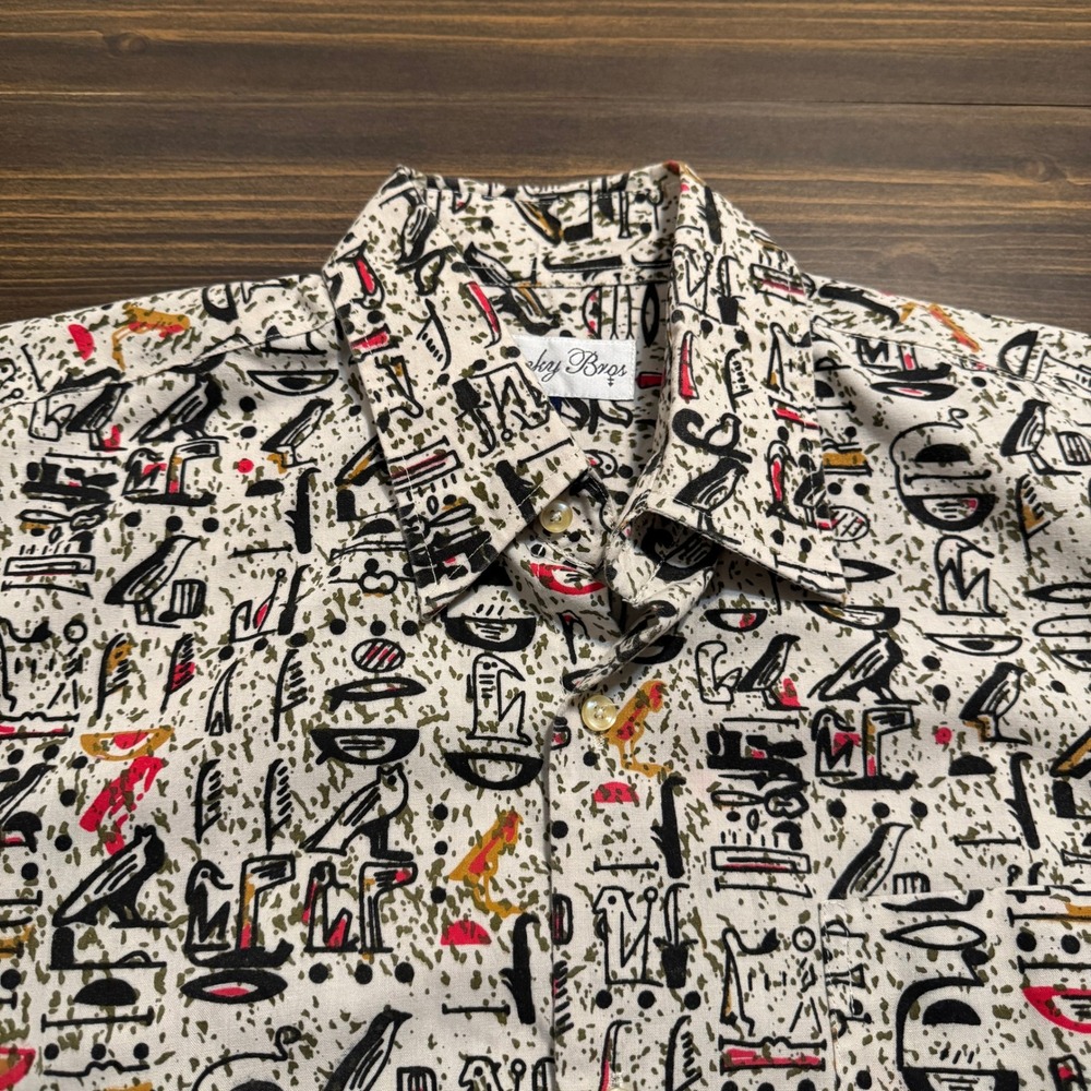 VTG Funky Bros Button Down Shirt Men XL Egypt hieroglyphics graphic short Sleeve